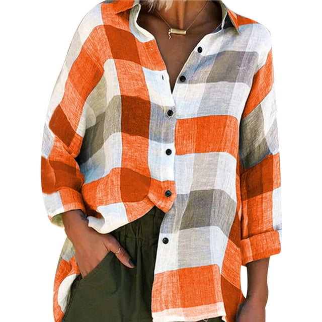 Innerwin Blouse Col à Revers Chemises Femmes Plage Boutonnée Décontractée Hauts Orange 4TG