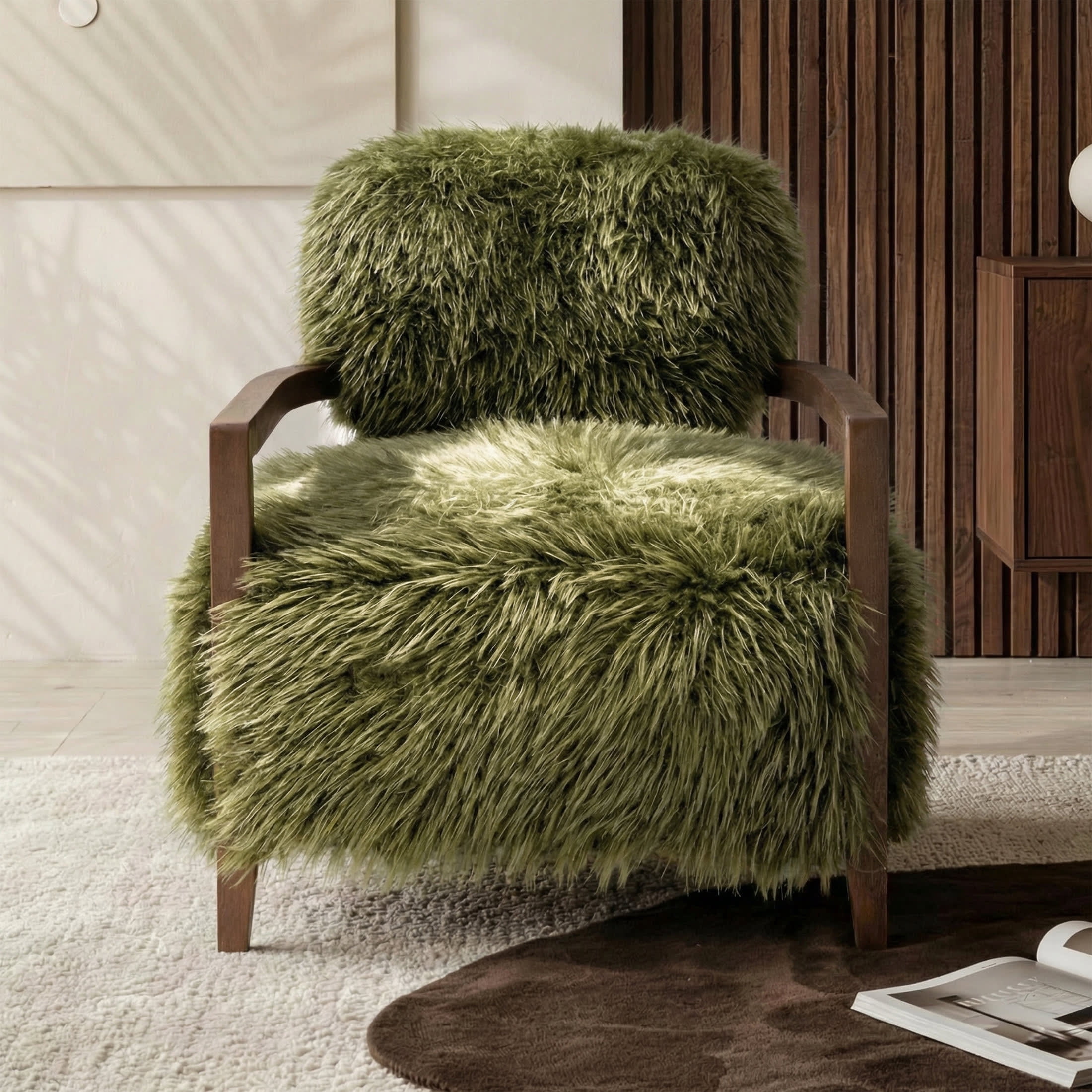 Aenkyo Yeti Contemporary Faux Fur Accent Chair with Walnut Wood Arms, Green