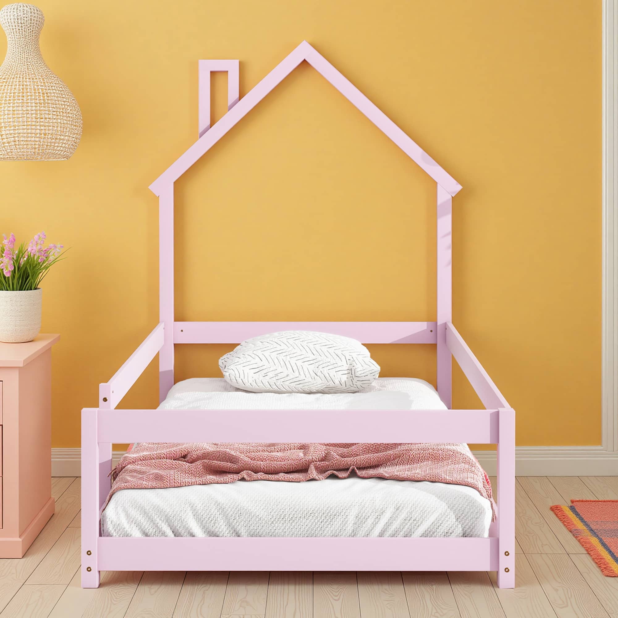 MAYEERTY Twin Size Wood Bed Frame with House-Shaped Headboard with Fences for Adult, Pink