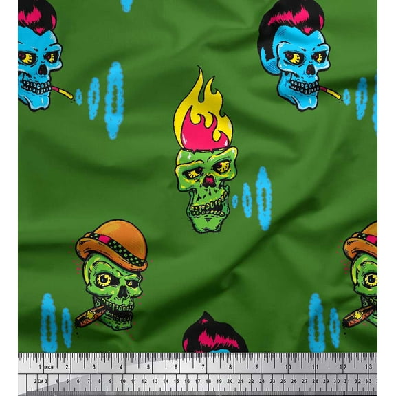 Soimoi Green Cotton Voile Fabric Skull Halloween Print Fabric by Yard 42 Inch Wide