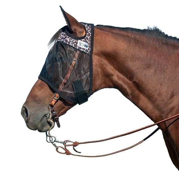 Máscara antimoscas Equibrand QRHS Quiet Ride estampado leopardo sin orejas