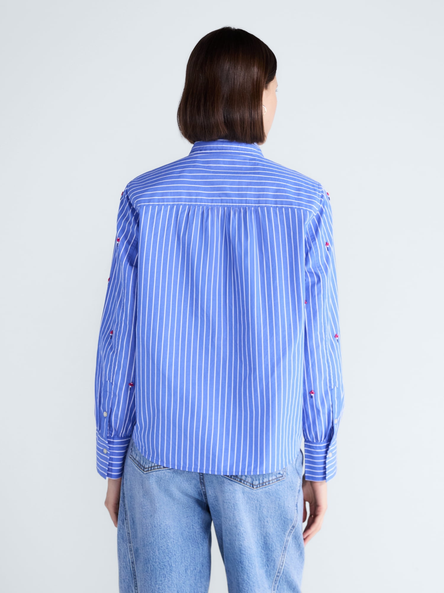 Free Assembly Women's and Women's Plus Beaded Tie Neck Cotton Shirt with Long Sleeves, Sizes XS-4X