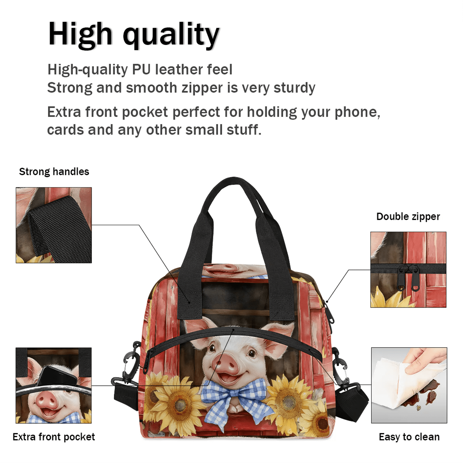 Herdesigns Pig Lunch Bag for Men Women Adults Funny Insulated Lunch Box Leakproof Cooler Tote Bag Organizer with Adjustable Shoulder Strap