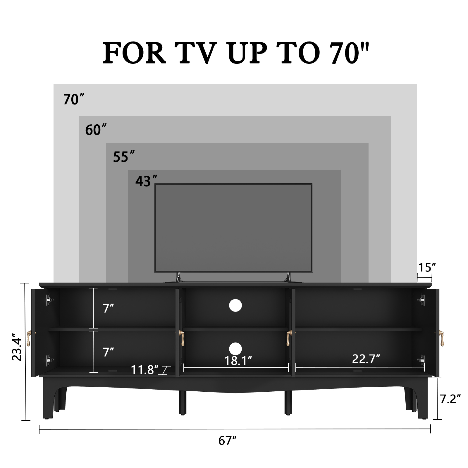 CBJCBJ Retro 67" TV Stand for TVs up to 70", Living Room Entertainment Center with 4 Door Storage Cabinet,Black
