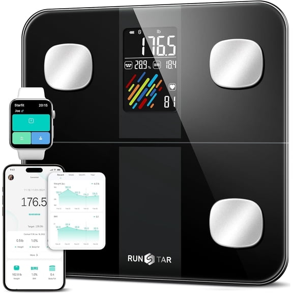 RunStar Smart Body Weight Scale with LCD Colorful Display, FSA/HSA, APP Sync 22 Body Metrics, 400lb, Black