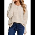 thumbnail image 1 of Suéter de Punto Acanalado con Cuello Redondo para Mujer, Moda de Otoño, Suéter Holgado de Larga con de Murciélago y Abertura Lateral Caqui L, 1 of 9