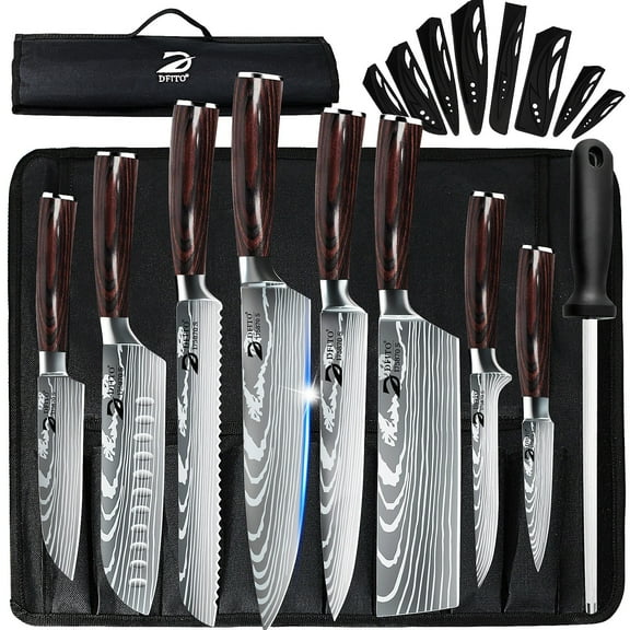 DFITO 9-Piece Kitchen Knife Set, Stainless Steel Professional Cutlery Knife with Sheaths & Storage Bag, Brown