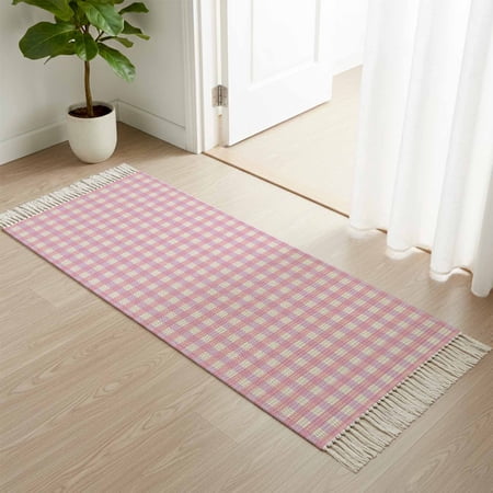 Entryway Door Mat 2'x 4', Pink Non Slip Washable Throw Rug with Tassels, Grid Checkered Plaid Gingham Lattice Trellis Woven Reversible Indoor/Outdoor Rug for Doormat, Porch, Kids Room