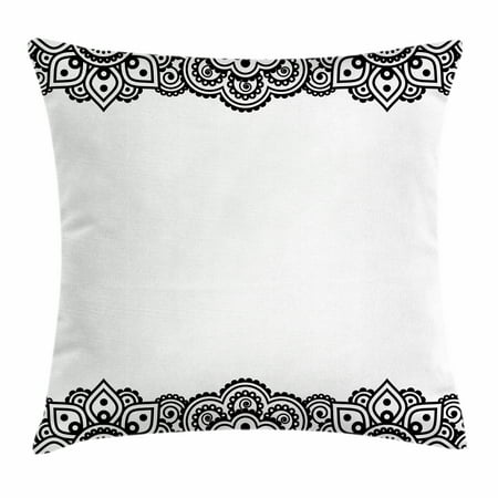 Henna Throw Pillow Cushion Cover, Damask Inspired Border Design Folkloric Mehendi Curls Flowers Retro Style Cultural, Decorative Square Accent Pillow Case, 18 X 18 Inches, Black White, by (The Best Mehendi Designs)