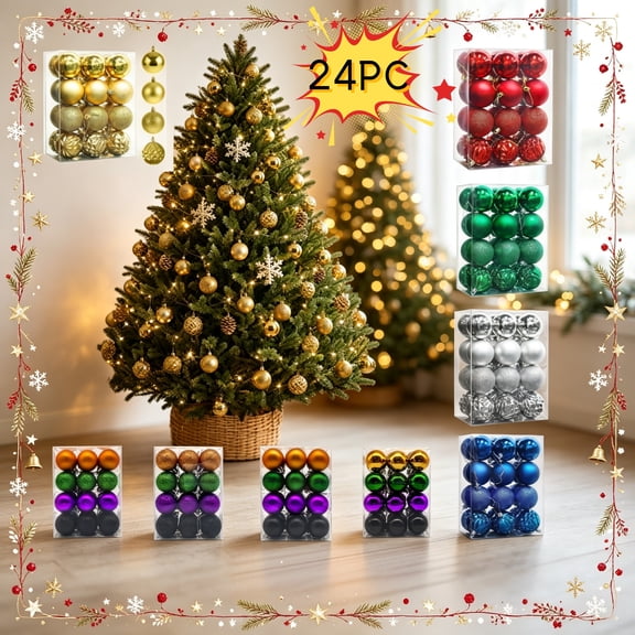 Fllostpr 24PC Electroplated Christmas Ball Ornaments, Shatterproof Hanging Decor Set for Xmas Tree Wreath Garland Party Indoor, Gold 1.6"