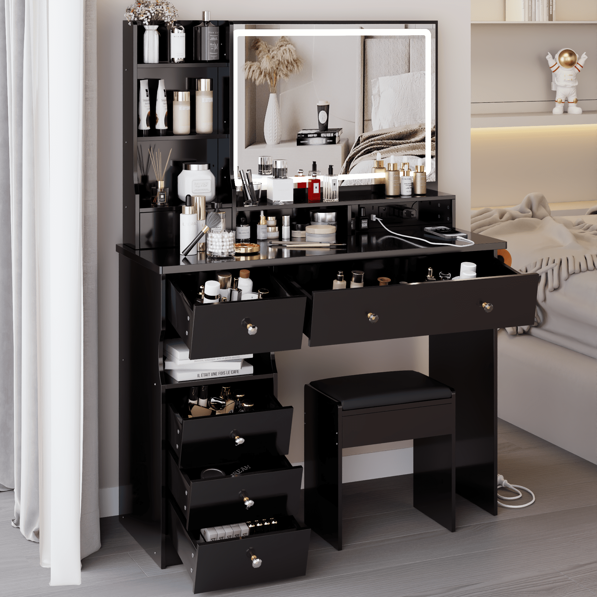 Euroco 41" Large Size Left Drawer Desktop Vanity Table+Cushioned Stool Dresser Set, 2 AC+2 USB Power Station, Hair Dryer Stand, Extra Large Touch Control LED Mirror