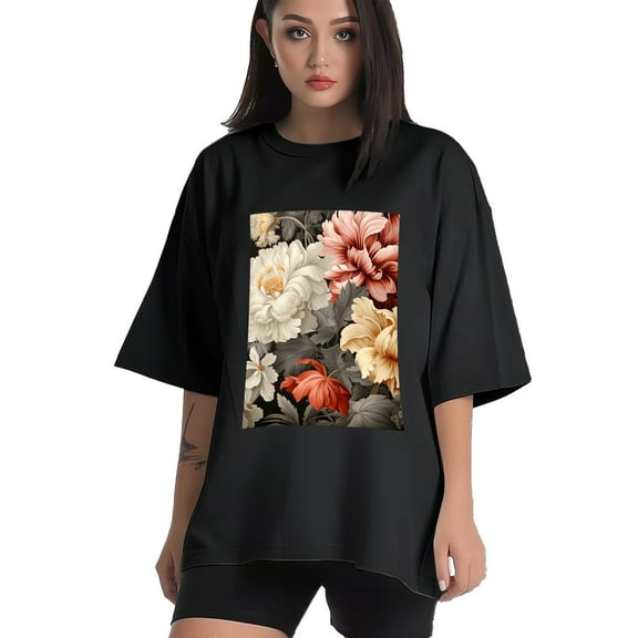Plus Size Shirt for Women Black Tops for Women Short Sleeves Shirt for Women Peony T Shirt Crewneck Shirt for Women XS