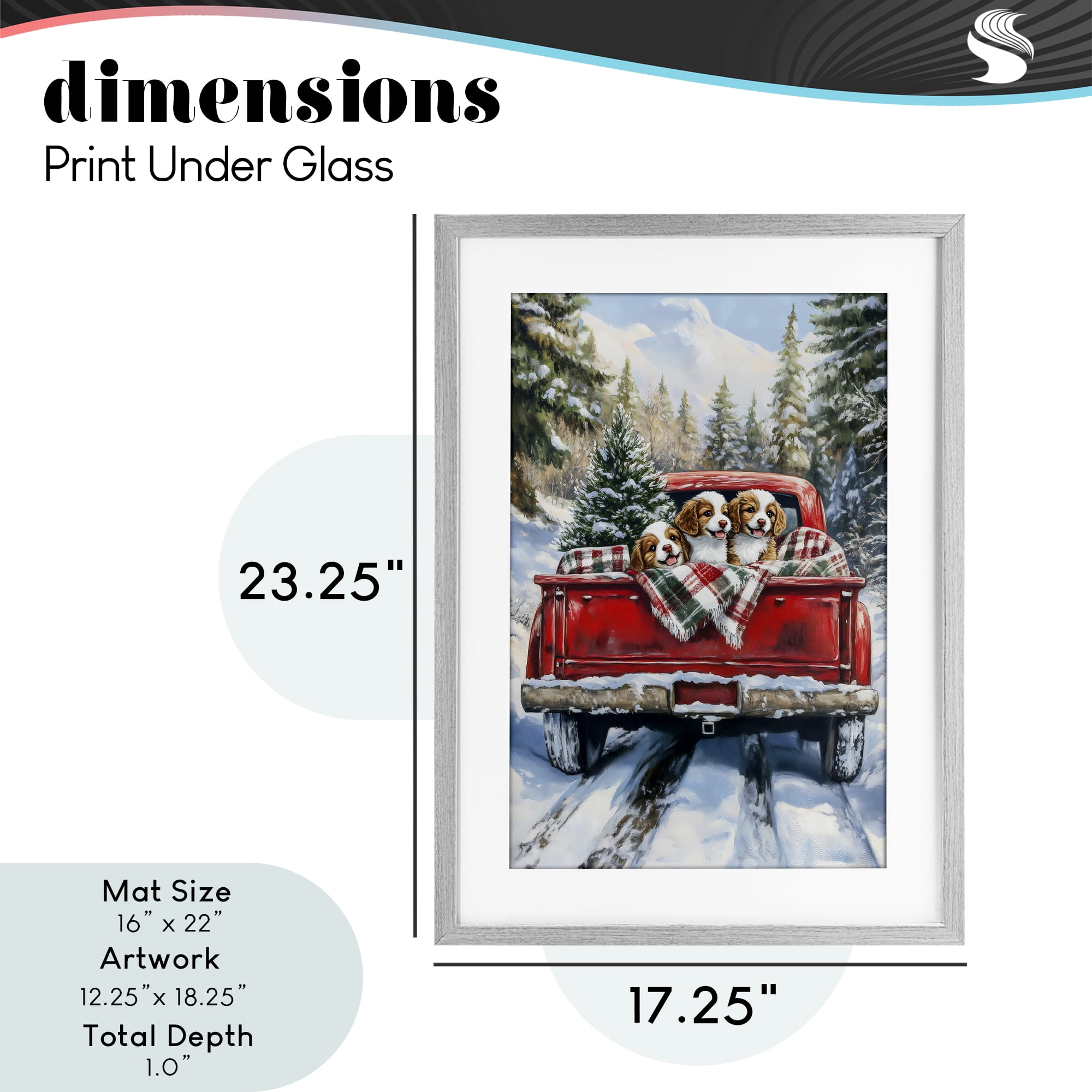 Christmas Truck Pups Trio Gray Framed Print Under Glass, design by Petal Prints Design