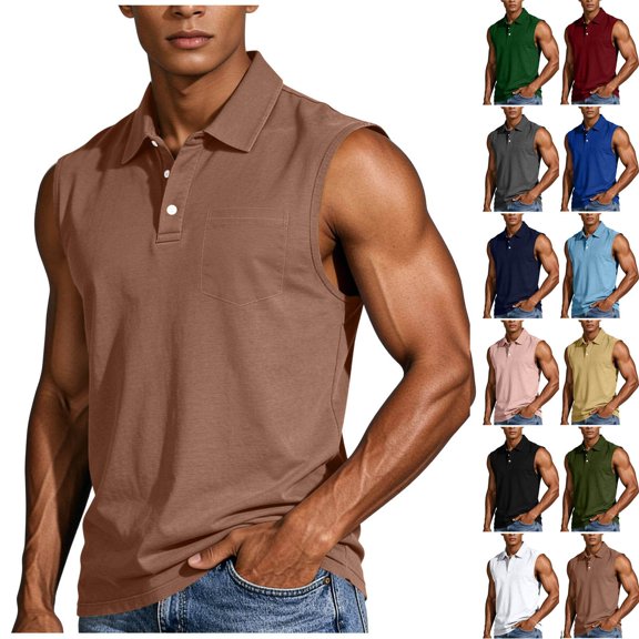 Men's Casual Solid Color Sleeveless Lapel Half Button Pocket Pullover Top, Lightweight Breathable Summer Vest Shirt, Relaxed Fit Fashionable Layering Piece, Daily Streetwear