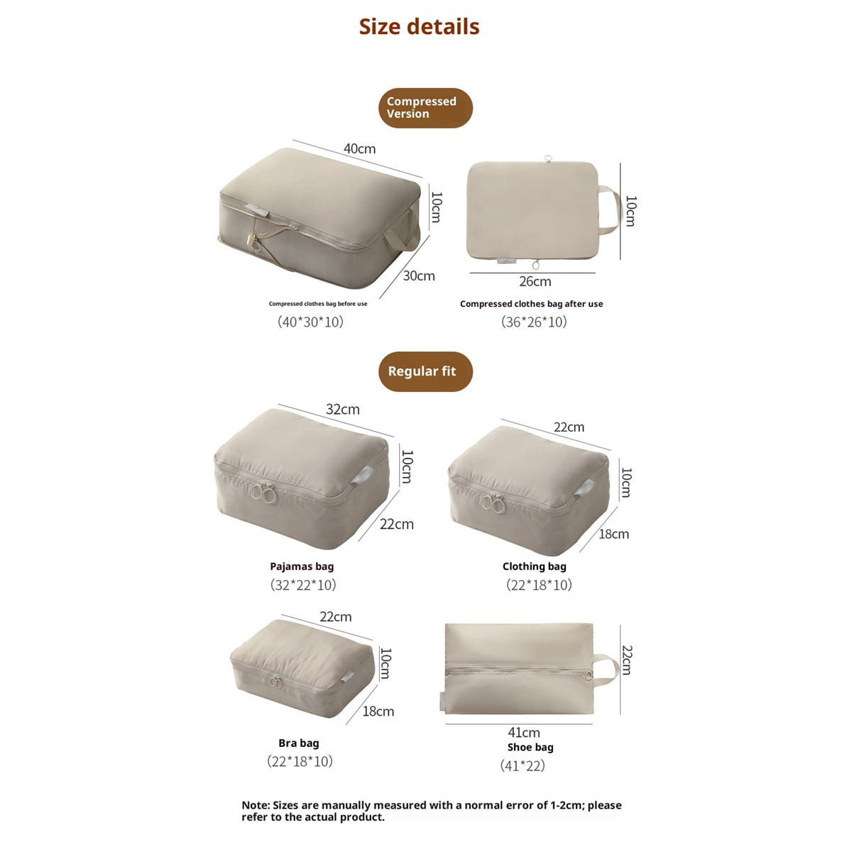6 Set Compression Packing Cubes for Travel, Large Medium Small Luggage Organizers, Storage Bags for Clothes (6 Pack, beige)