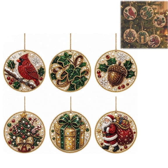 MUTRAIN Christmas Decor Diamond Painting Christmas Ornaments, 6 PCS Pearl Wooden Hanging Pendant DIY Craft Kit, Xmas Tree Decoration Home Party Gift