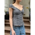thumbnail image 5 of Women Y2k Coquette Button Down Slim Fit Shirt Frill Cap Sleeve V Neck Crop Top 90S Vintage Blouse, 5 of 6