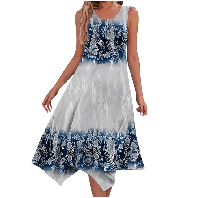 Penkiiy Robe d'Été Décontractée Sans Manches pour Femmes Robe de Plage avec Poches 2TG Bleu