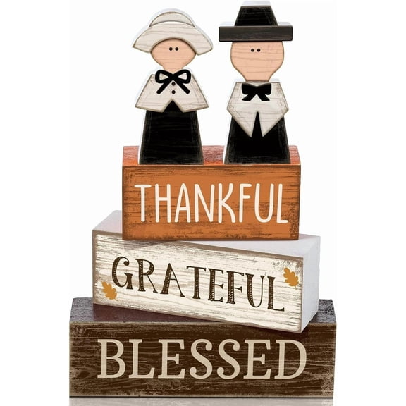 Thanksgiving Wooden Desktop Ornaments, Thanksgiving Decorations, Pilgrim Figurine Stackable Blocks Thankful Grateful Blessed, Fall Table Centerpiece Party Props Home Display