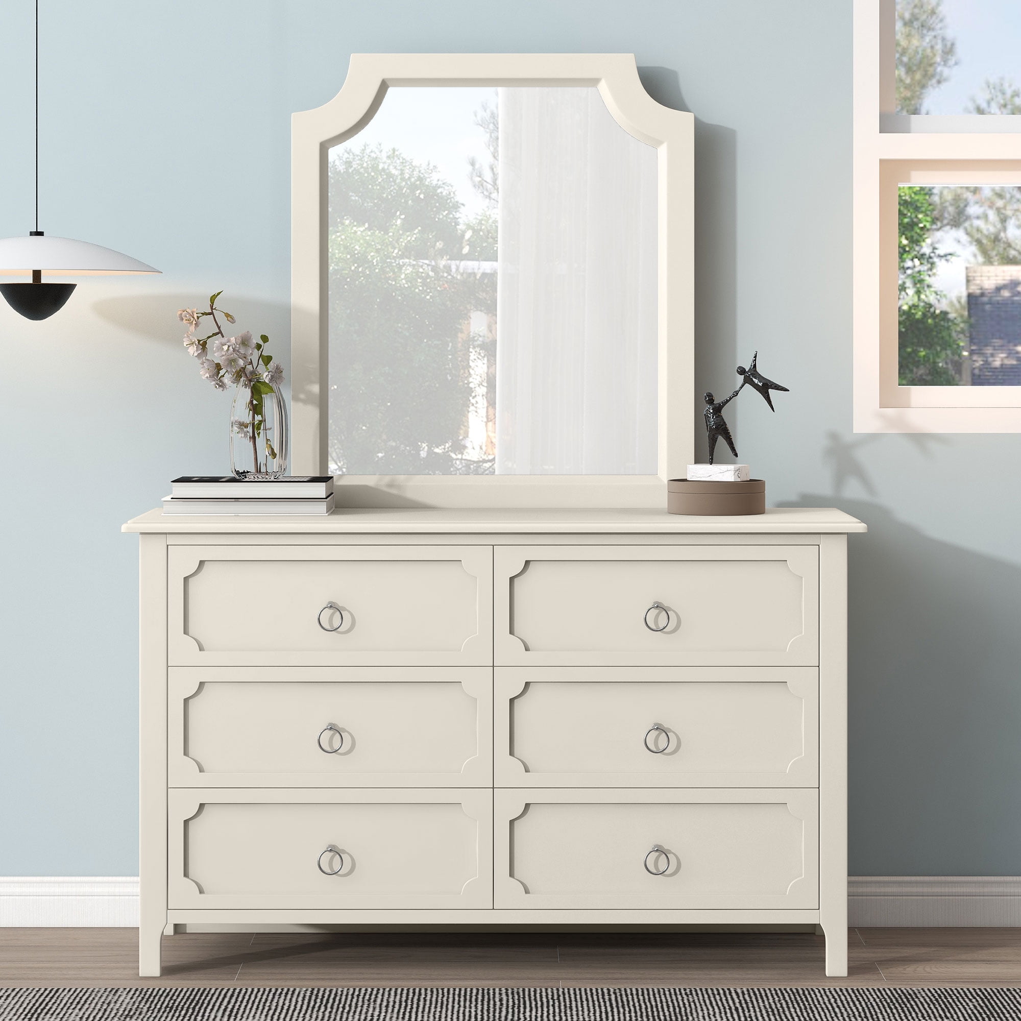 Resenkos 6 Pieces Solid Wood Bedroom Furniture Set Queen Size Platform Bed, Set of 2 Nightstand Chest, Mirror and Dresser Milky White Resenkos 6 Pieces Solid Wood Bedroom Furniture Set Queen Size Platform Bed, Set of 2 Nightstand Chest, Mirror and Dresser Milky White
