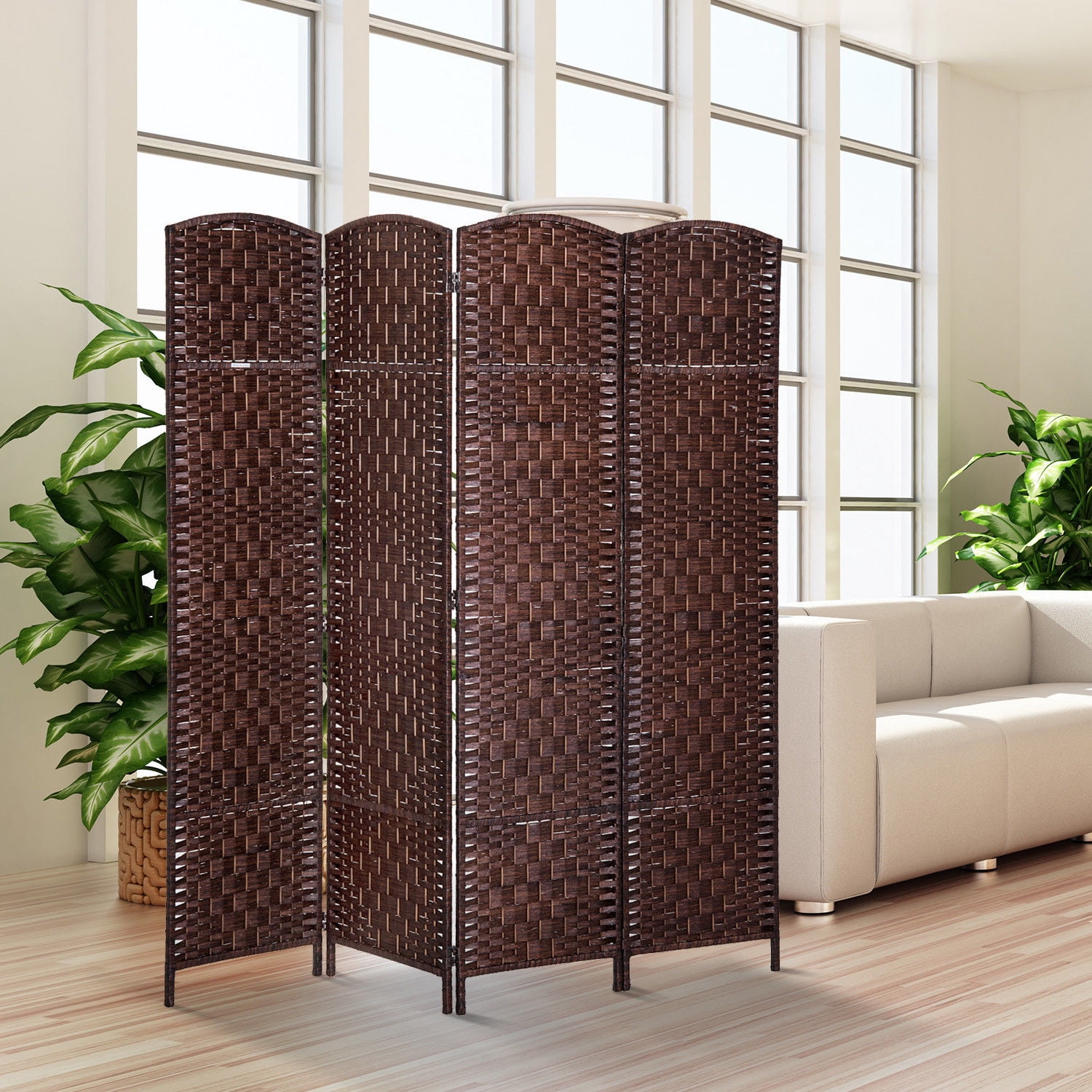 HomCom 6' Tall Wicker Weave 4 Panel Room Divider Privacy Screen - Chestnut Brown