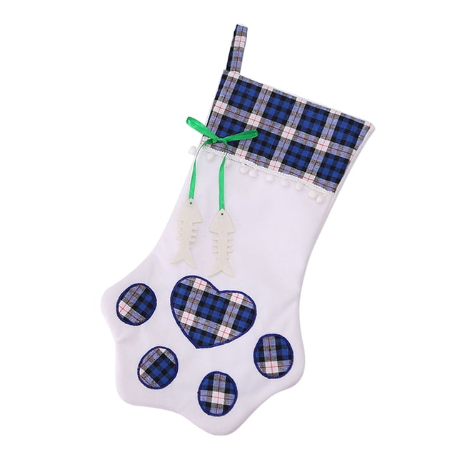 Generic Festive Dog Paw Stocking with Hanging Loop & Bone Tag - Blue Plaid Design for Christmas Fireplace & Tree Decoration, 45x20cm