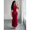thumbnail image 5 of Burgundy Semi-High Neck Sleeveless Knitted Pleated Maxi Dress With Pearl Embellishment, Elegant Evening Gown, 5 of 8
