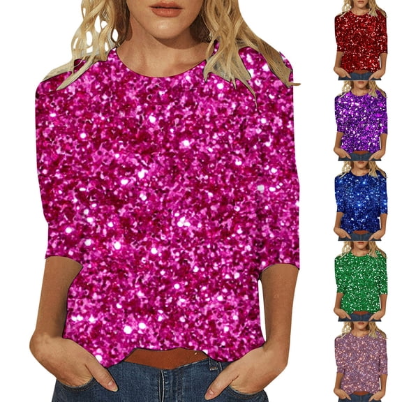 QHWAUAKFBN T Shirts For Women Trendy Loose Fit Three Quarter Sleeve Sequined Round Neck Loose Printed Tshirts Top