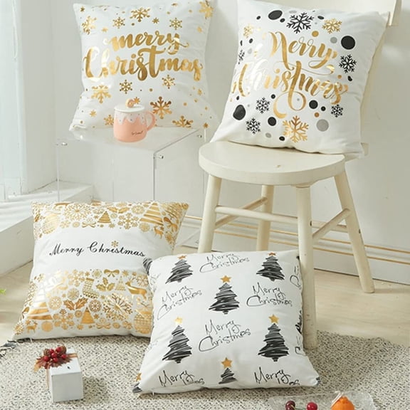 Throw Pillow Cases Set of 4, 18" x 18" Foil Hot-Stamped Merry Christmas Decorative Cushion Covers for Sofa Couch Bed