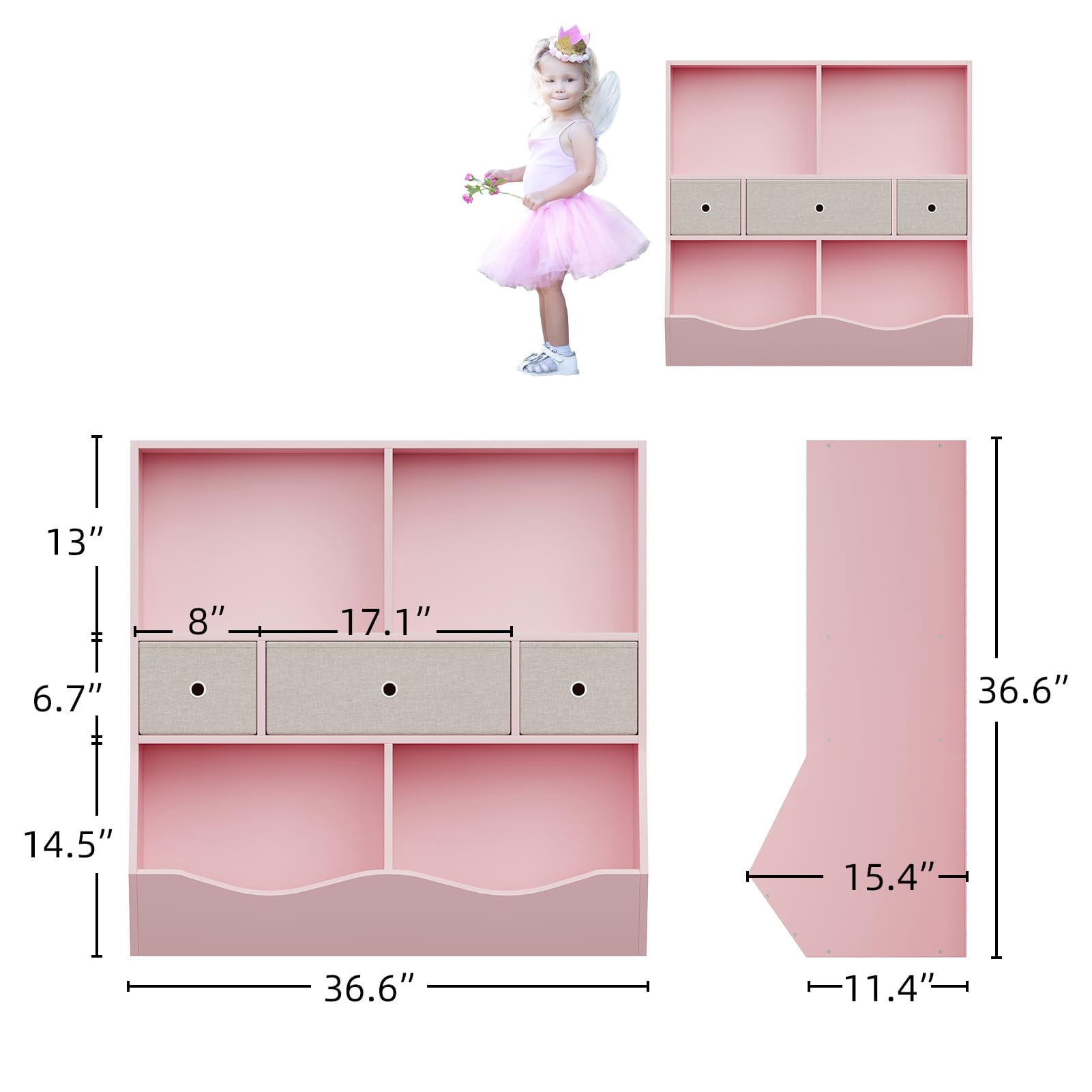 TROPOW Toy Storage Organizer,Kids Bookshelf and Toy Storage Organizer with 3 Movable Drawers, Floor Storage Cabinet Toy Chest with 4 Cubbies, Multifunctional Storage Chest for Nursery,Pink