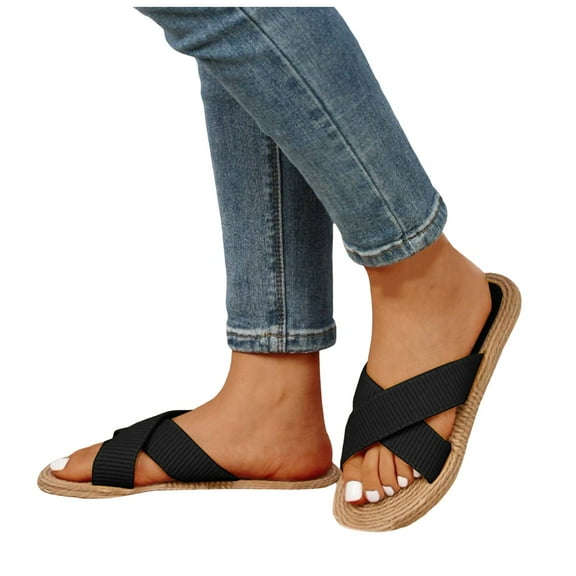 Dakaela Women's Linen House Slippers Fashion Summer Beach Shoes Open Toe Skidproof Indoor Bedroom Slides