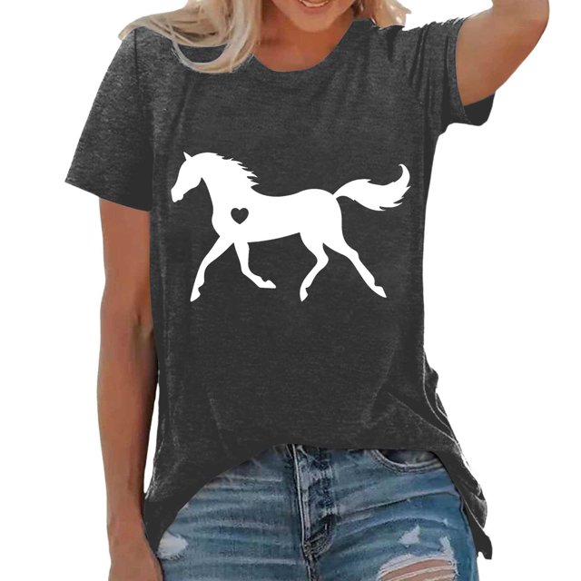 JIRNDf T-Shirt pour Femmes Hauts Tendance Été Mode Imprimé Ample Col Rond Manches Courtes Mignon T-Shirts Graphiques pour Femmes Chemises Gris Foncé S