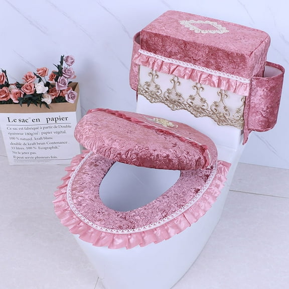 1 Set of Toilet Seat Covers Flannel Toilet Tank Cover: Plush Toilet Lid Cover with Side Pockets