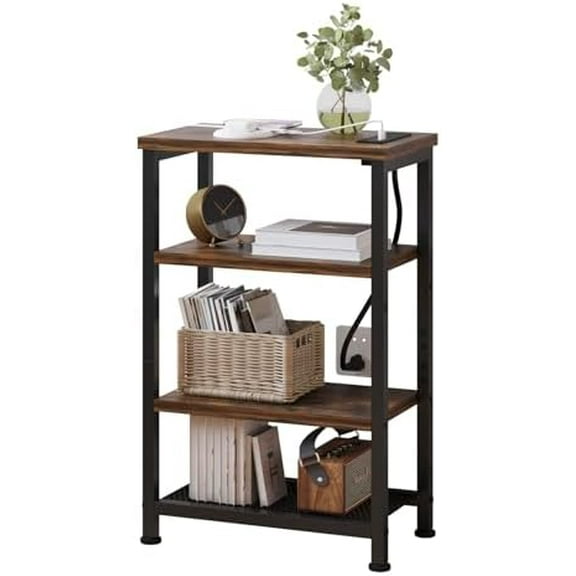 Narrow Nightstand with 4-Tier Shelves, Small Side Table with Charging Station, Skinny Nightstand with Bookshelf, Thin End Table with USB Ports and Outlets, Bed Side Table for Bedroom, Home Office