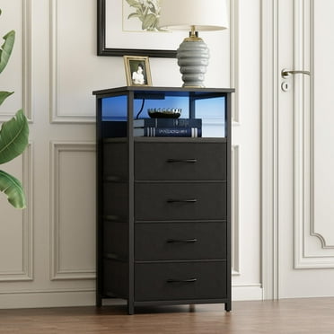 Tomnk LED Nightstand with Charging Station, Tall Nightstand with 4 Fabric Storage Drawers, Bed Side Table, Black