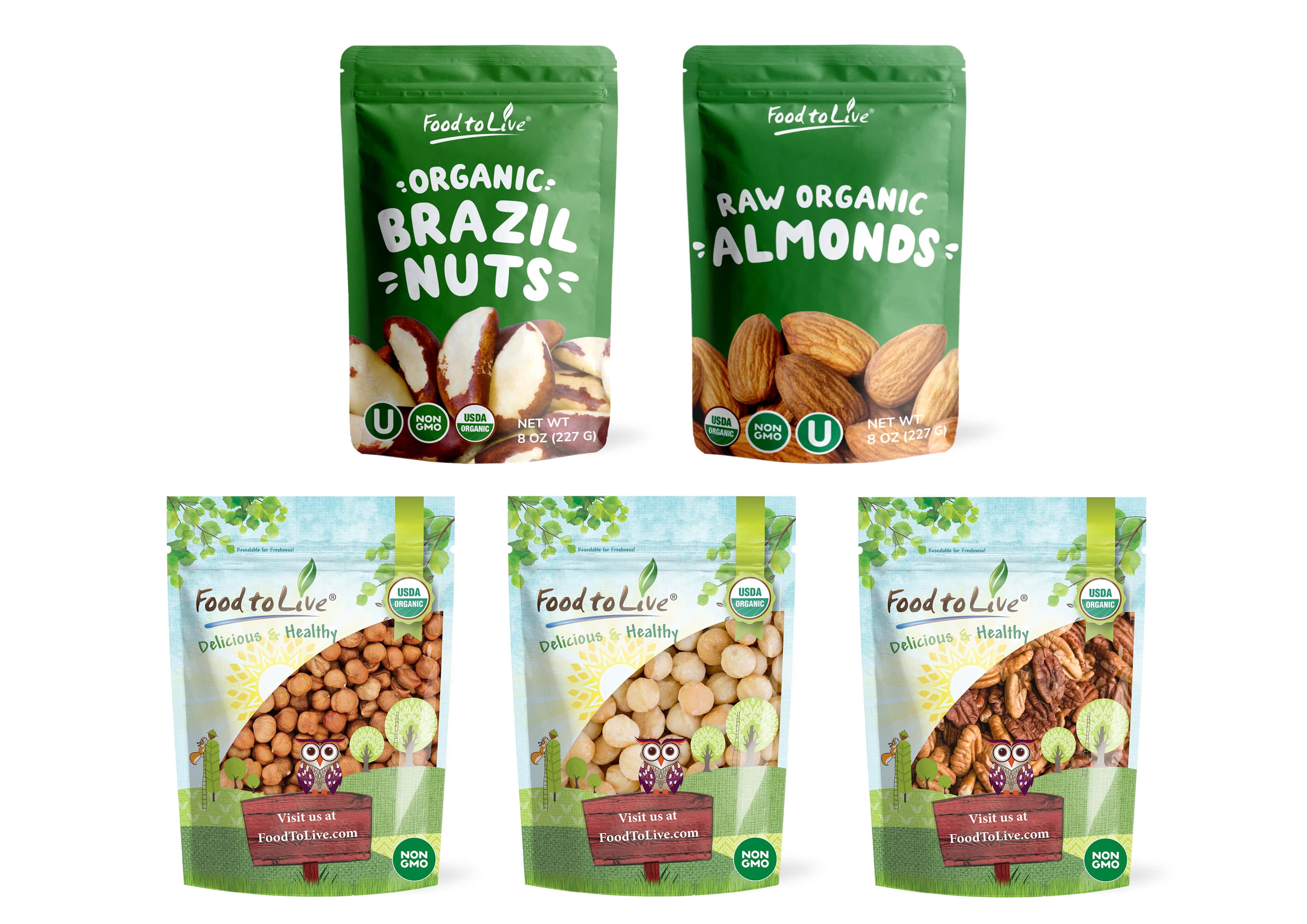 Organic Supreme Nuts in a Gift Box - A Variety Pack of Pecans, Macadamia Nuts, Almonds, Hazelnuts and Brazil Nuts ? by Food to Live