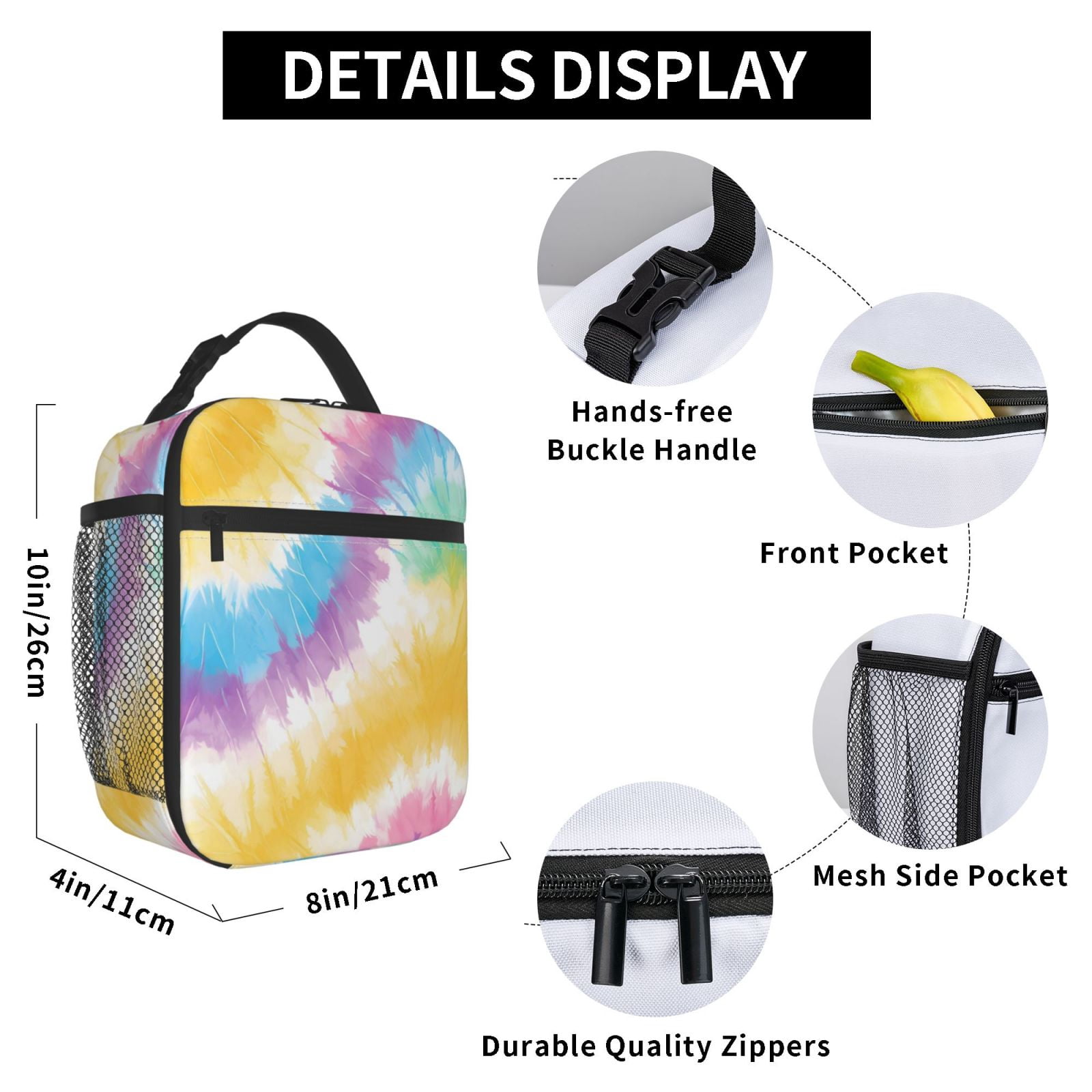Lunch Bag For Women Men Insulated Portable Lunch Box Bento Box Office Picnic Travel Cooler Bag Yellow Tie-Dye Background Rainbow Colors_1
