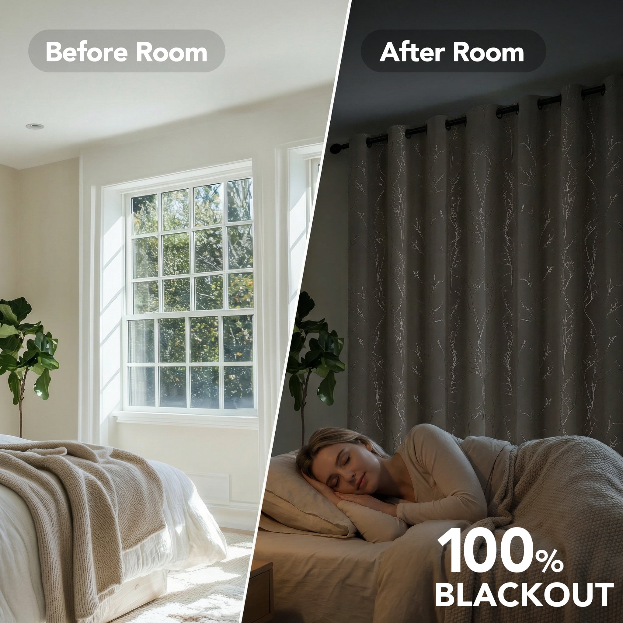 ZOPZO Blackout Curtains, Thermal Insulated, Light Beige, 52W x 84L Inch, Room Darkening Drapes Tree Branches Pattern for Bedroom Modern Home