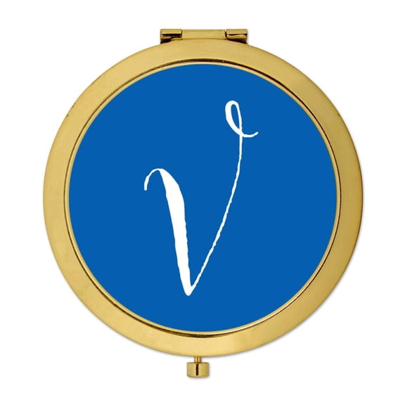 Koyal Wholesale Gold Compact Mirror Bridesmaid's Wedding Gift, Royal Blue, Monogram Letter V, 1-Pack