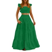Women's Two Piece Set Dress, Elegant Sexy Solid Color Mid Waist Outfit, Evening Cocktail Dress and Party Wear Matching Set-Green