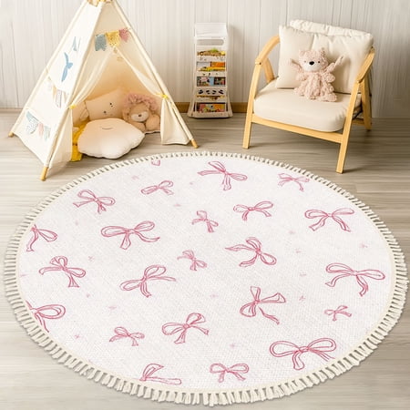 Washable Non Slip 4ft Round Rug Cute Hand Drawn Red Bows White Circle Area Rugs with Tassels Carpet for Nursery Bedroom Living Room Playroom Tent rug Tent Castle
