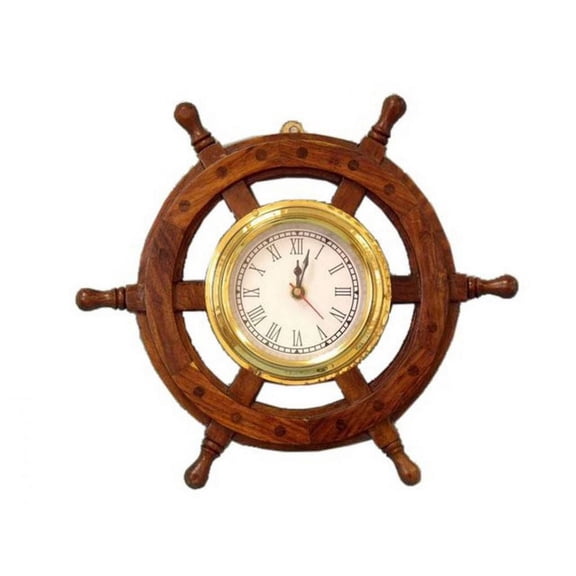 Handcrafted Model Ships SW-1719 Deluxe Class Wood And Brass Ship Wheel Clock 12 in. Ship Wheels Decorative Accent