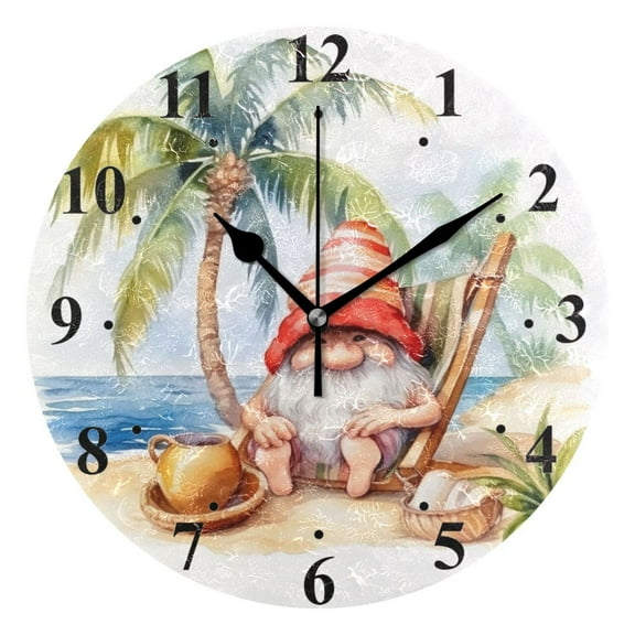 Gnome Coconut Trees Black 10 inch Wall Clocks Non Ticking Easy to Read Battery Decorative for Home Bathroom Kitchen Bedroom Living Room