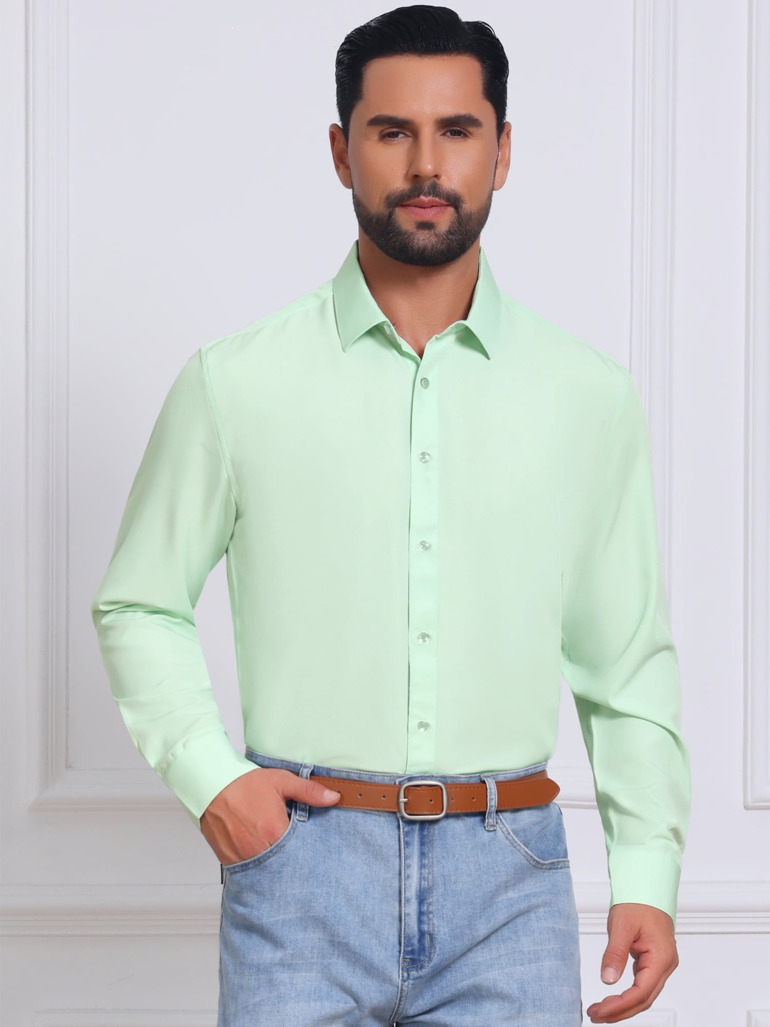 DARING DIVA Men's Solid Color Button Down Long Sleeves Stretch Shirts S Light Green