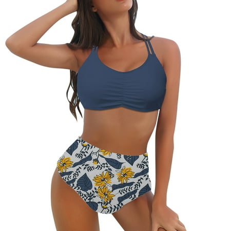 Gubotare Womens Bikini Womens High Waisted Swimsuits with Boy Shorts Brazilian Triangle Top Stripes Halter Bikini Two Piece Bathing Suits Light Blue XL