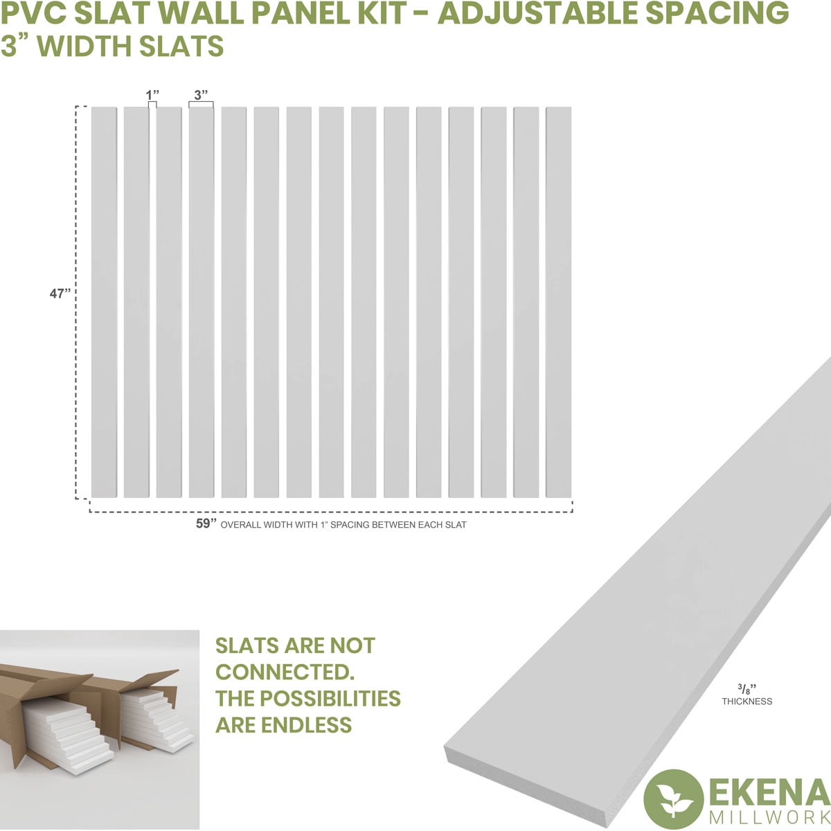Ekena Millwork 47"H x 3/8"T Adjustable PVC Slat Wall Panel Kit with 3"W Slats, Unfinished (contains 15 Slats)