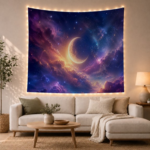 Moon Stars Luminous with Crescent Slightly Left Detailed, Mystical Fantasy for Space Lovers, Galaxy Room Decor, Housewarming Gift, Tapestry Wall Hanging for Bedroom and Dorm