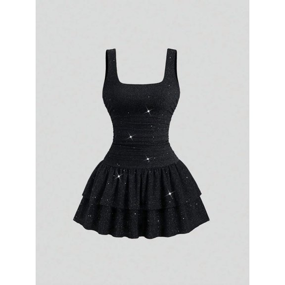 Black Shiny Fitted Mini Dress With Tiered Skirt And Glitter Embellishments