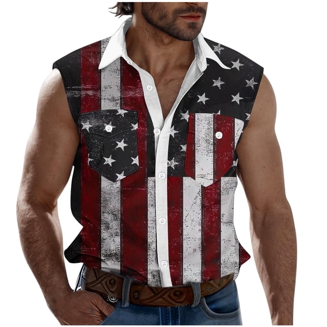 Camisas de Cuello para Hombres, Moda Casual Día de la Independencia Imprimir Turndown Bolsillos sin Mangas Tanque Deportivo