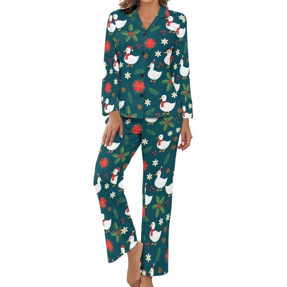 Top-kevin Women Long Sleeve Pajama Set Comfy Pjs Sets Duck Bow Red Hat 2 Piece Lounge Set